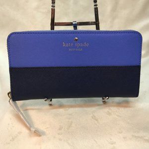 NWT Kate Spade Leather Color Block Zip Around Continental Wallet in Royal & Navy